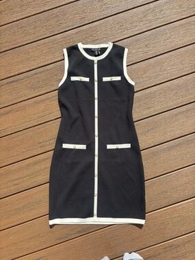 Aritzia Black Midi Dress with Cream Trim and Gold Buttons